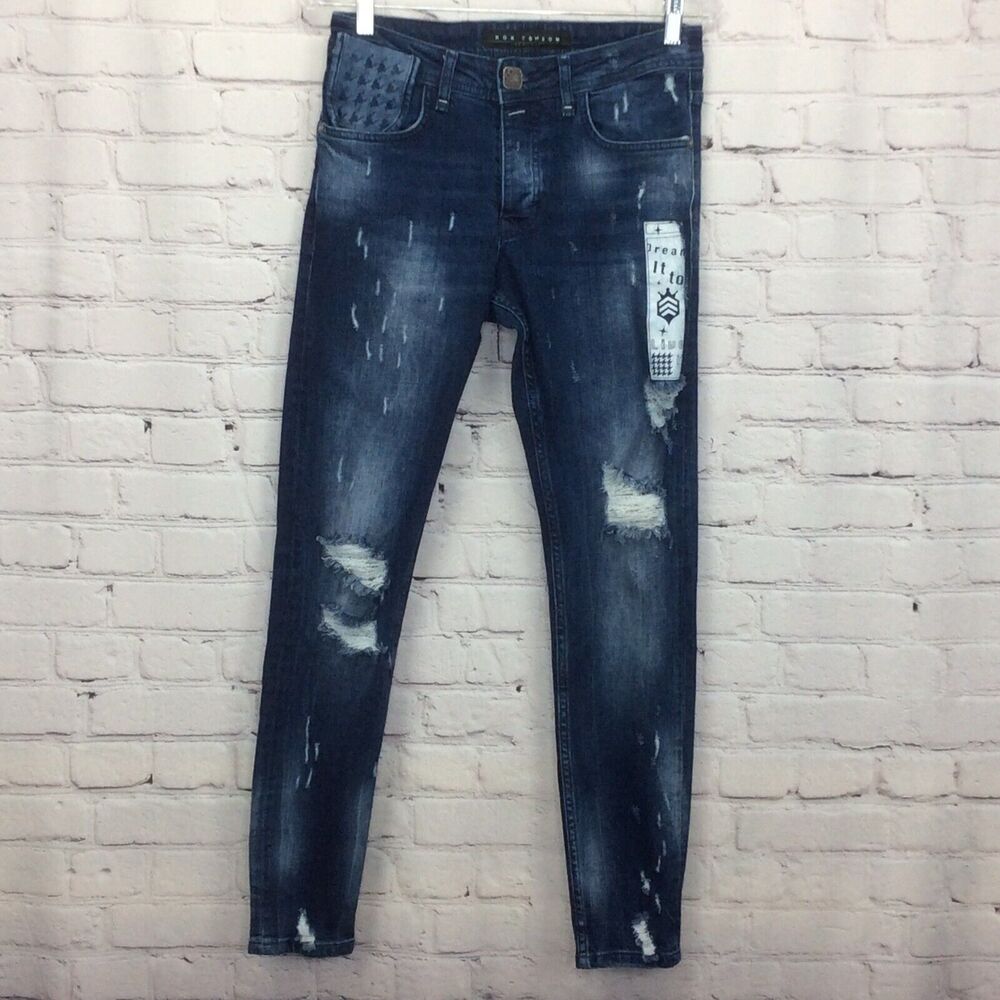 Ron Tomson Capsule Jeans Men's Sz 29 Button Fly Distressed Slim Fit Flex Graphic